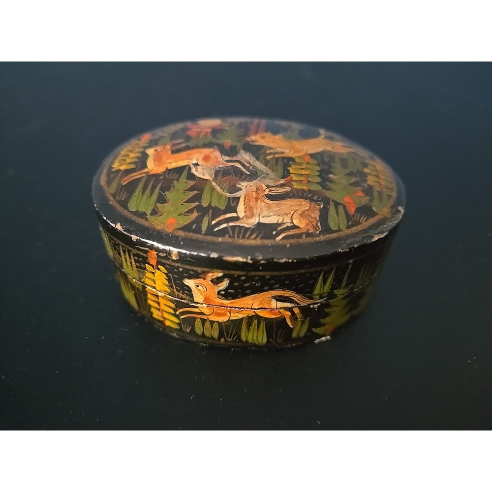 Vintage Paper Mache Box Deer Rabbit Hunting Kashmir India‎ Hand Painted 3"